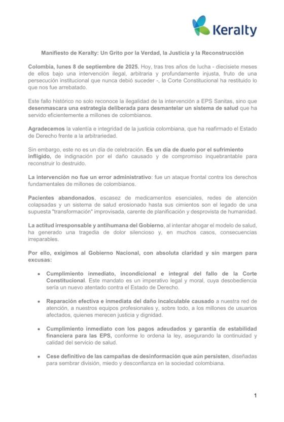 Este es el comunicado de Keralty.