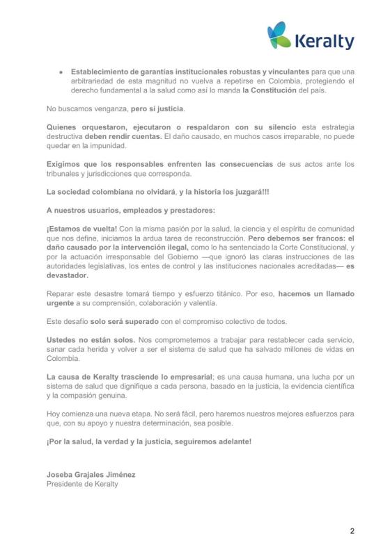 Comunicado de Keralty.