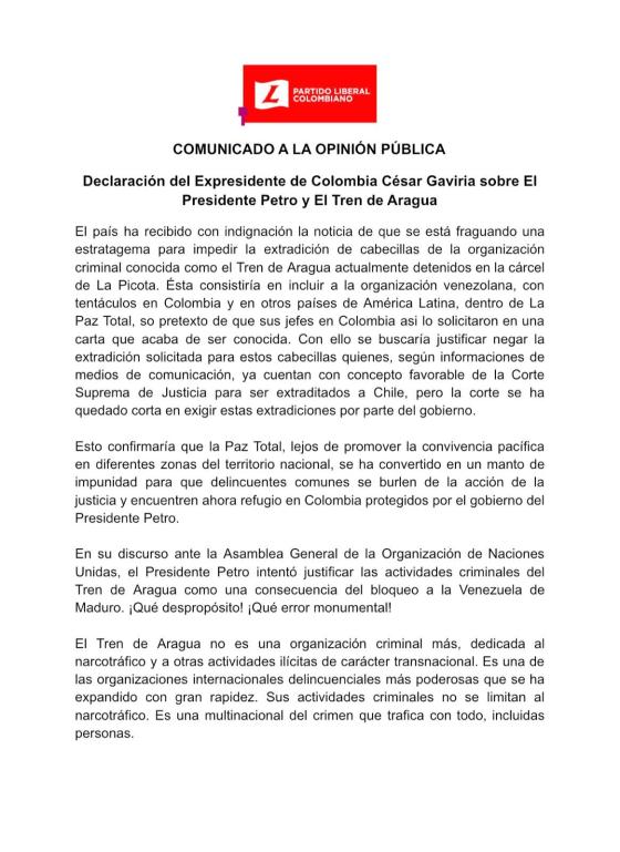 Carta del expresidente César Gaviria.
