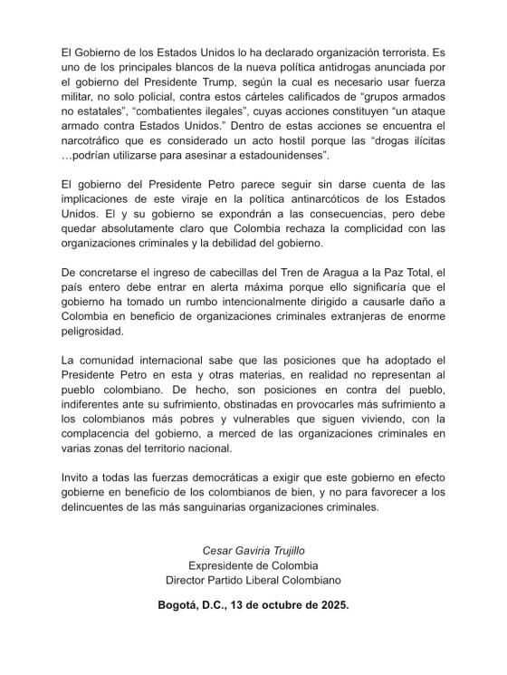 Carta del expresidente César Gaviria.