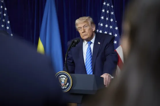 A handout picture made available by the Presidential Press Service shows US President Donald Trump attending a joint press conference with Ukrainian President Volodymyr Zelensky (not pictured) in Palm Beach, Florida, USA, 28 December 2025. 
