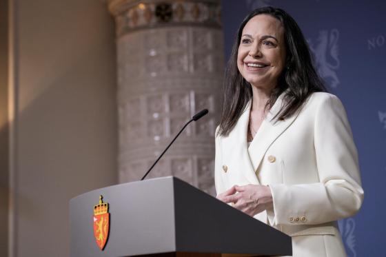 Nobel Peace Prize laureate Maria Corina Machado speaks during a press conference with Norway's Prime Minister Jonas Gahr Store (not pictured) at the government's representative facilities in Oslo, Norway, 11 December 2025.