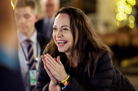 Nobel Peace Prize laureate Maria Corina Machado reacts in front of the Grand Hotel in Oslo, Norway, 11 December 2025. 